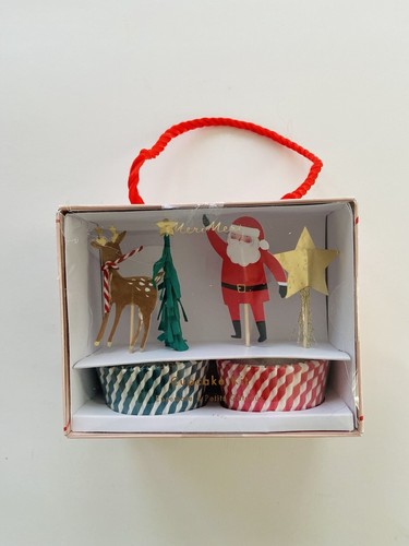 NEW IN BOX Meri Meri Cupcake Liner Topper Set Of 24 Santa Reindeer Tree Star