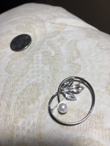 Vintage Sterling Silver Van Dell Brushed Leaf Faux Pearl Modernist Pin Brooch