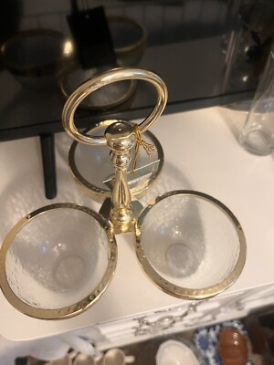 Three Sectional Nut/candy/fruit Serving Dish Gold And Glass