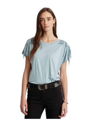 

RALPH LAUREN Женский голубой топ с круглым вырезом и короткими рукавами с бахромой, Light blue