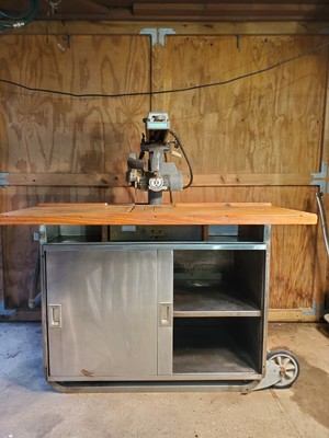 Vintage 1950s DeWalt Radial Arm Saw Mounted on Custom Easy to Move Cabinet