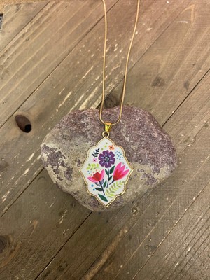 Enamel Flora Quatrefoil Pendant on a Gold Chain Necklace