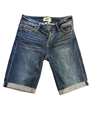 Paige Jax Knee Jean Shorts Bermuda Denim Cuffed Hem 24 Dark Wash Mid Rise US 0
