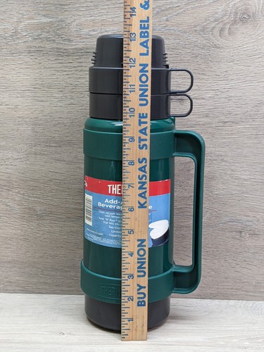 VTG Thermos Add-A-Cup Beverage Bottle 35 oz Green/Black Vacuum Insulated 2 Cups