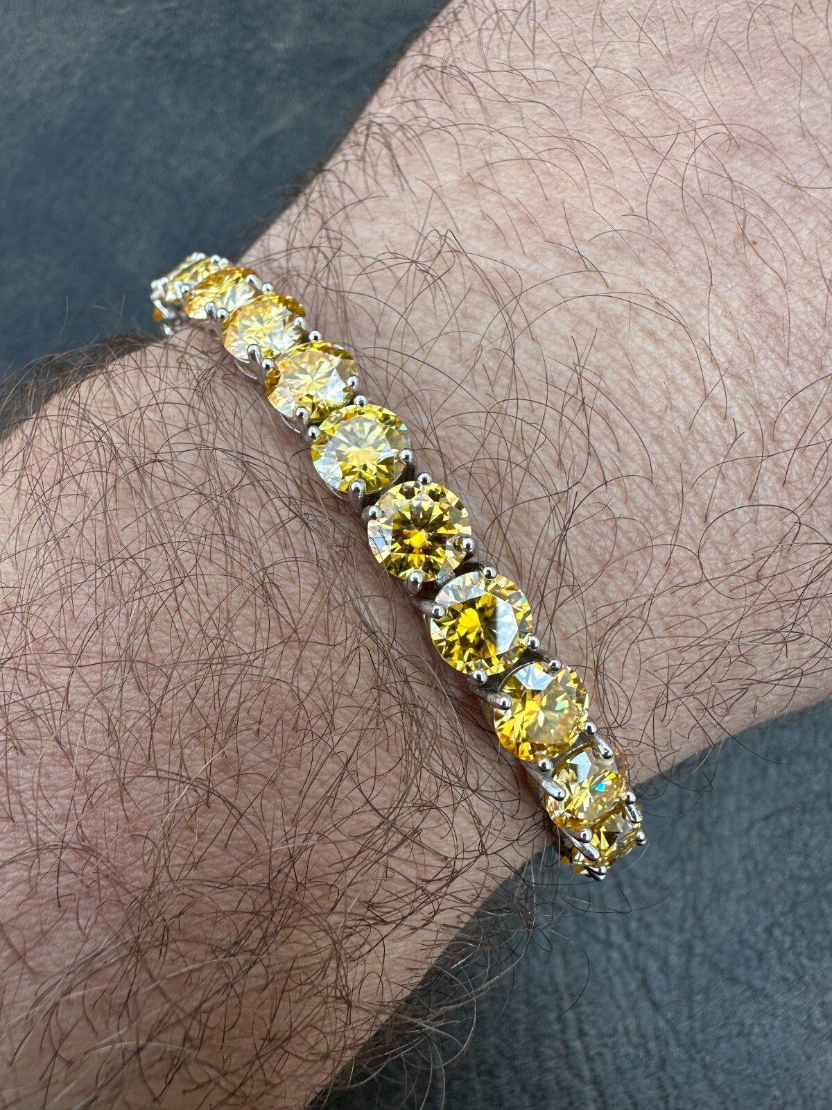Pre-owned Silver Real Iced Canary Yellow Moissanite 7mm Tennis Bracelet 925  Diamond Tester