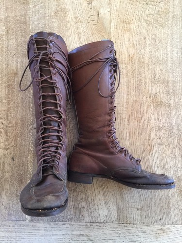 Antique vintage tall lace brown leather boots hiking aviator riding 9 9.5 10 GUC
