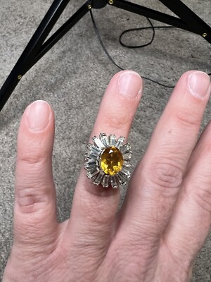 vintage adjustable silver tone size 7-8 orange clear rhinestone ring