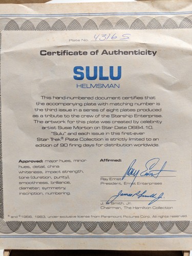 Star Trek 1983 Orig Series SULU Helmsman Ltd Ed Sci-Fi Plate Artist Susa Morton
