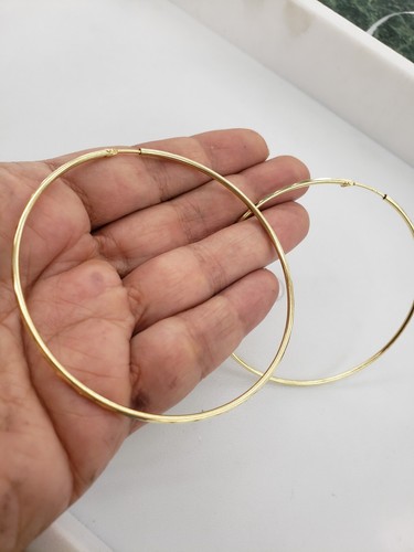 Pre-owned Handmade Big Large Diamond Cut Real 14k Yellow Goldhoop Earrings 2.75 Inches 70mm Long