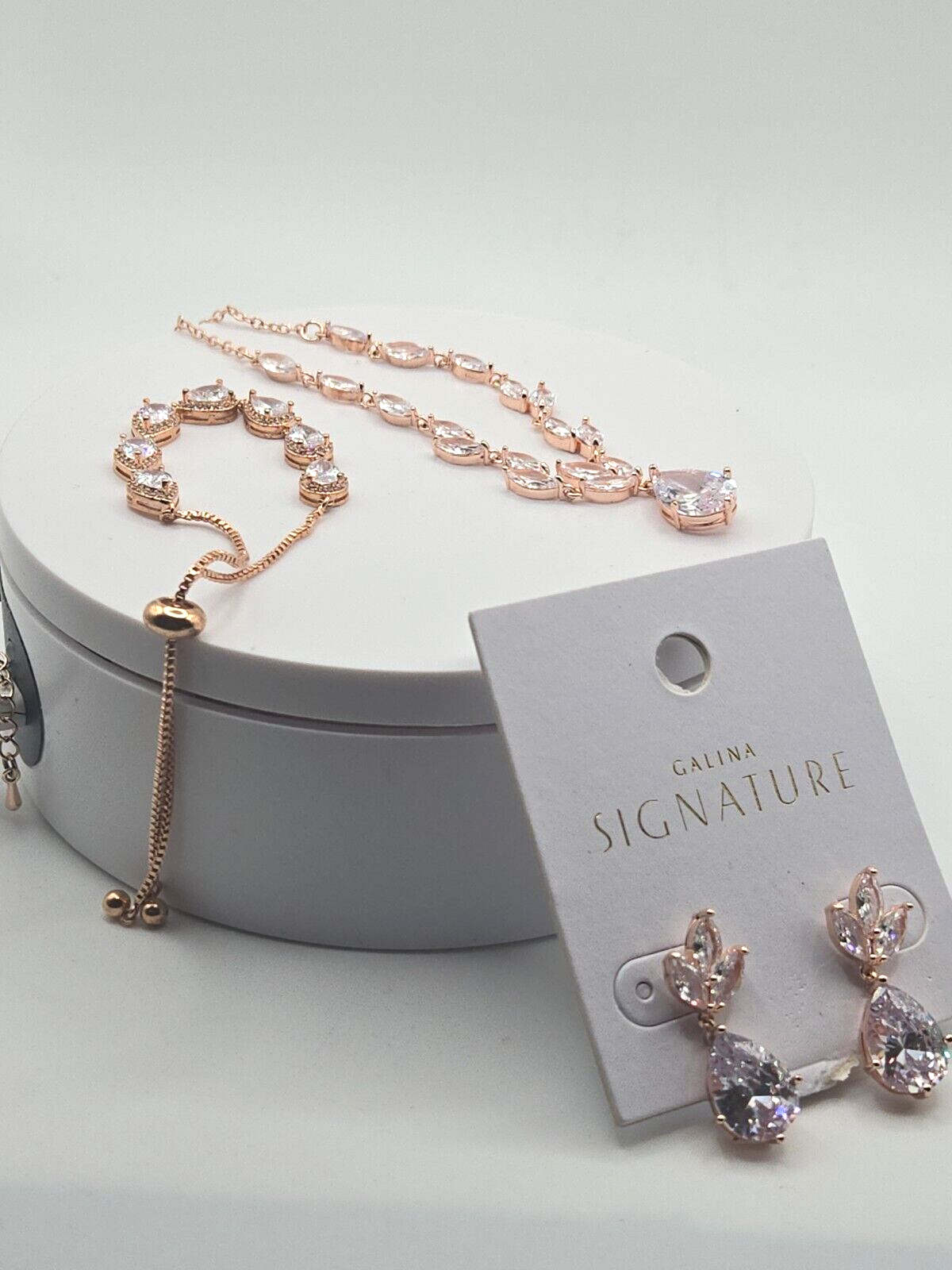 Rose Gold Wedding Jewelry Set with  Y Necklace, Dangling Earrings and Bracelet