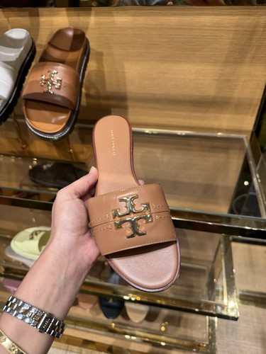 Pre-owned Tory Burch Everly Calf Leather Gold Logo Slide Sandals All Sizes Available