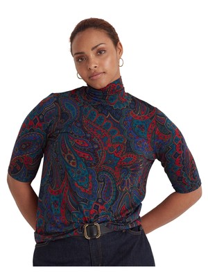 

Женский зеленый топ с воротником-стойкой RALPH LAUREN с рукавами до локтя Wear To Work Plus