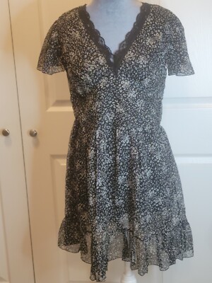 Just Funky Chiffon Black And White  Floral Print Aline Dress NWT