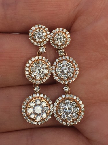$9800  3.24 CT 18k rose gold drop dangle diamond earrings, G-H color, SI 1, 7g