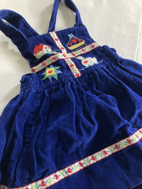 VTG Baby Toddler Girls Blue Corduroy Dress Jumper 4T Outfit Embroidered