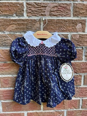 Vintage NWT  Polly Flinders Toddler Girl 18 Mon Hand Smocked Dress NAVY BLUE