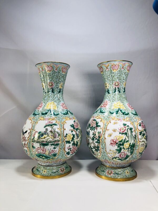 A Pair Chinese bronze painted enamel lobed vase