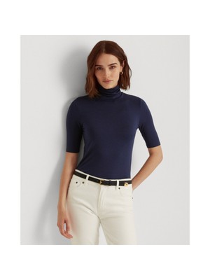 

Женский темно-синий топ с короткими рукавами и воротником-стойкой RALPH LAUREN Plus, Navy