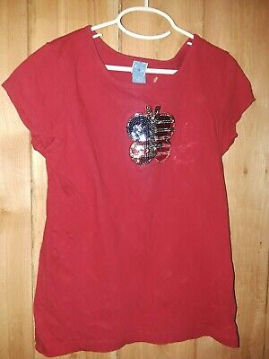 Triple Stars Girls Red Top w Red, White & Blue Sequined Butterfly Size 10/12