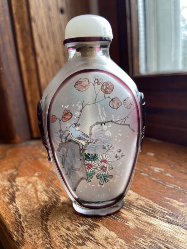 Reverse painted snuff bottle bluejay bird chinese