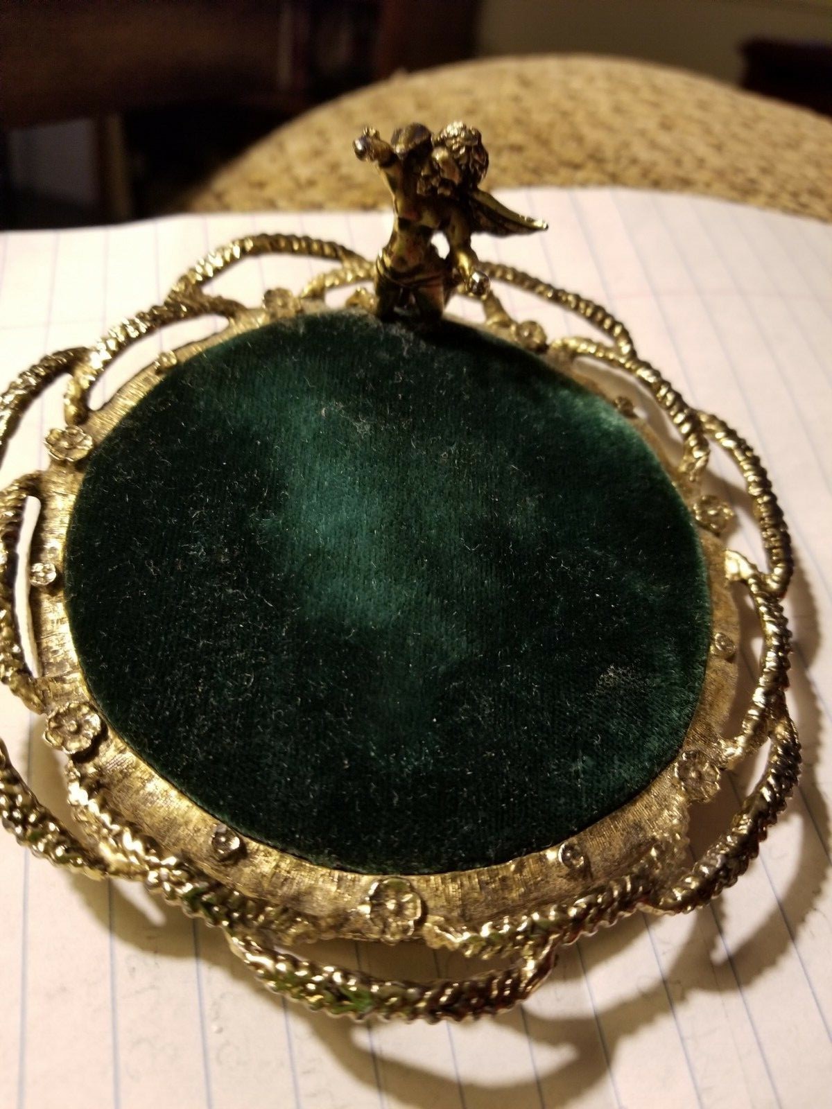 Vintage Cherub Pin Cushion Gold Tone Green Velvet Sewing