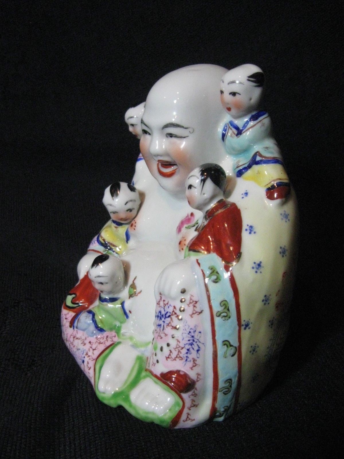 Vintage Chinese Famille Rose Porcelain Happy Buddha With 5 Children