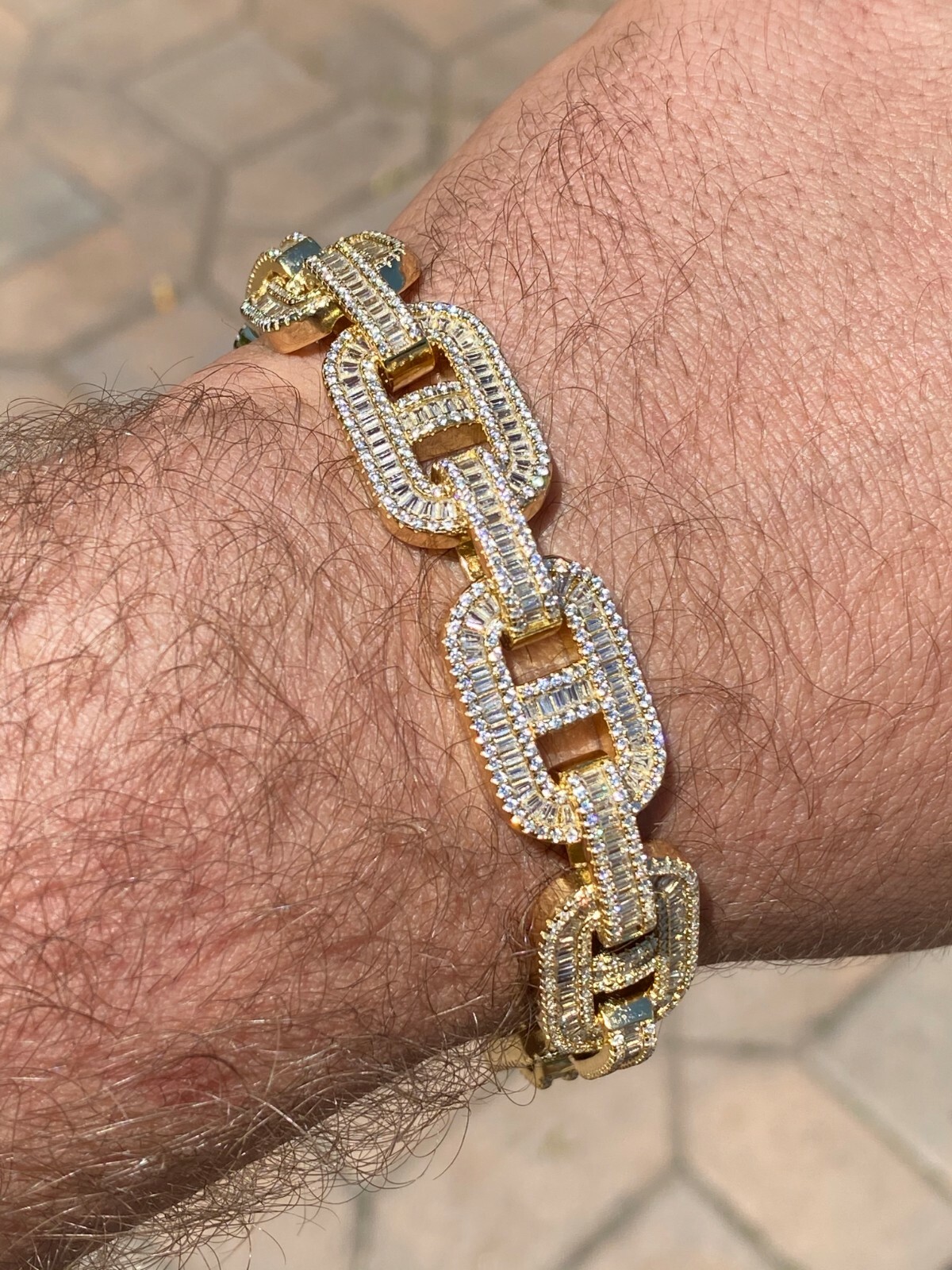 Pre-owned Silver Men's Real 14k Gold Plated Solid 925  Baguette Gucci Link Bracelet 15mm Cz