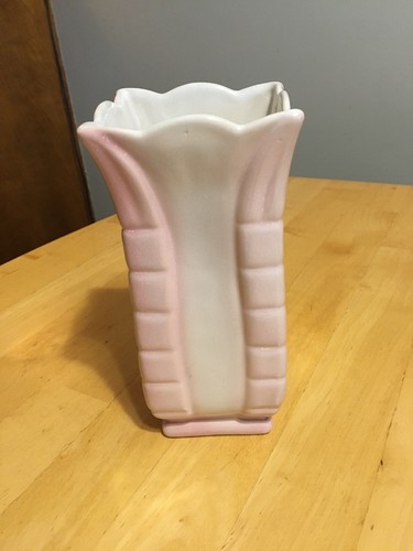 ROSEMEADE NORTH DAKOTA POTTERY SQUARE VASE 7 1/2” TALL, WHITE SHADED WITH PINK