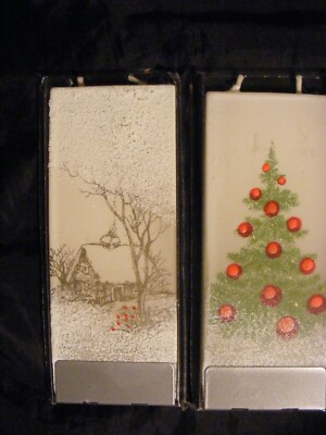 2 Flatyz Handmade Twin Wick Flat Candles w/Stands Snow Scene and Christmas Tree