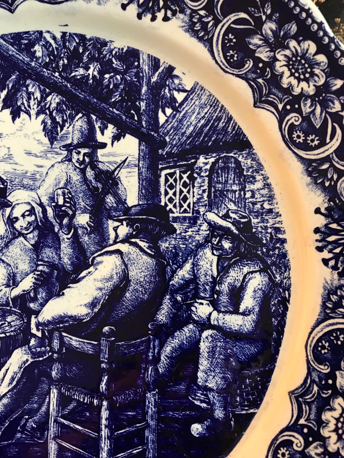 Antique Blue Delft Boch Frère La Louviere Belgium Charger Plate****Villagers****