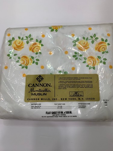 Vintage Cannon Monticello Muslin Floral Yellow White Full Flat Sheet New NOS