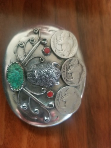 TURQUIOSE AND RED CORAL BELT BUCKLE WITH BUFFALO HEAD AND BUFFALO NICKELS.