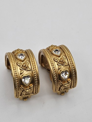 VTG Elizabeth Taylor Avon Love Blooms Gold Tone Heart Crystal Hoop