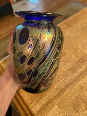VTG ART GLASS RICK HUNTER HAND BLOWN COBALT BLUE IRIDES RARE 6  SIGNED 1989 MINT
