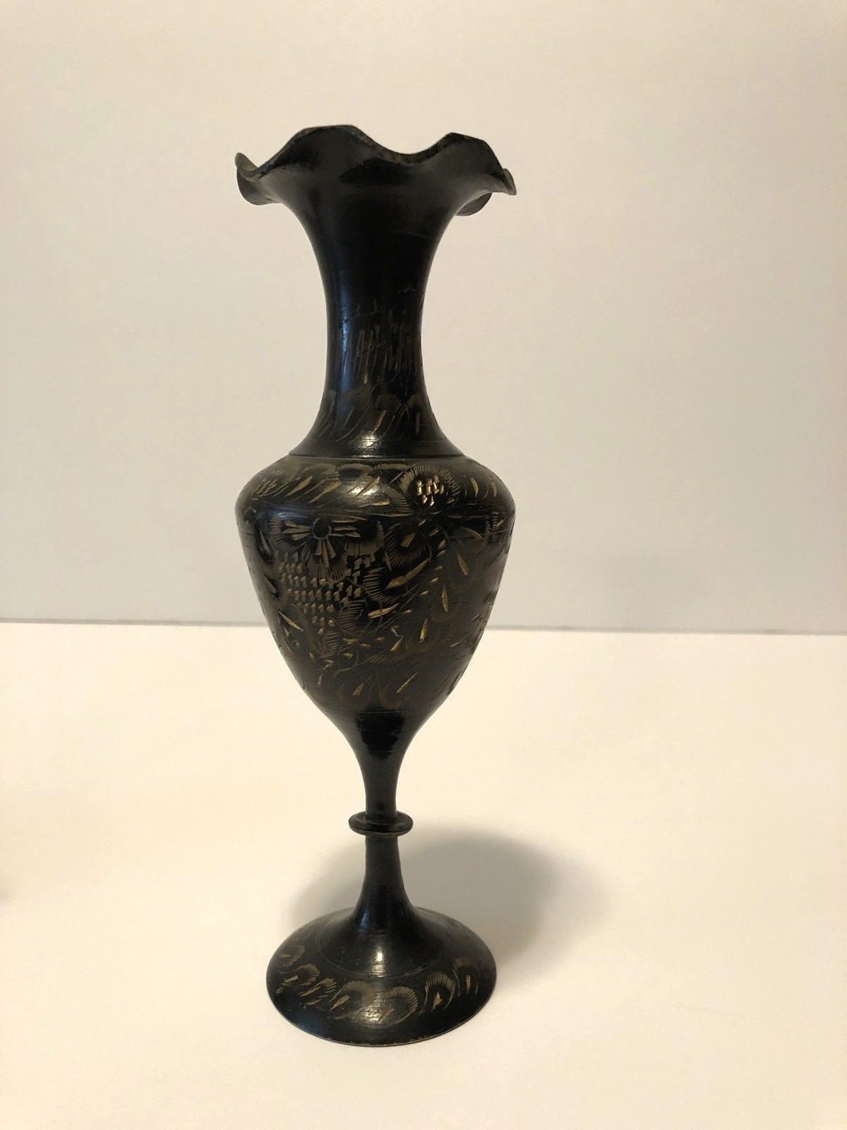 Vintage Matching Etched Black Over Brass Small Teapot And Ruffled Top Bud Vase