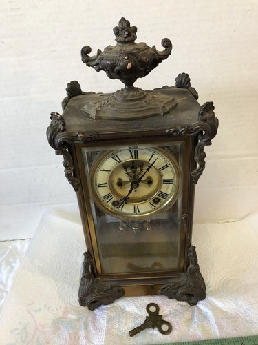 Antique Ansonia Bronze Decorated Crystal Regulator Clock Ornate Art Nouveau