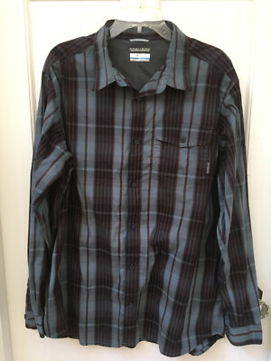 Columbia Omni Shade Omni Wick Plaid Button Up Shirt Men SZ L Blue Burgundy Black