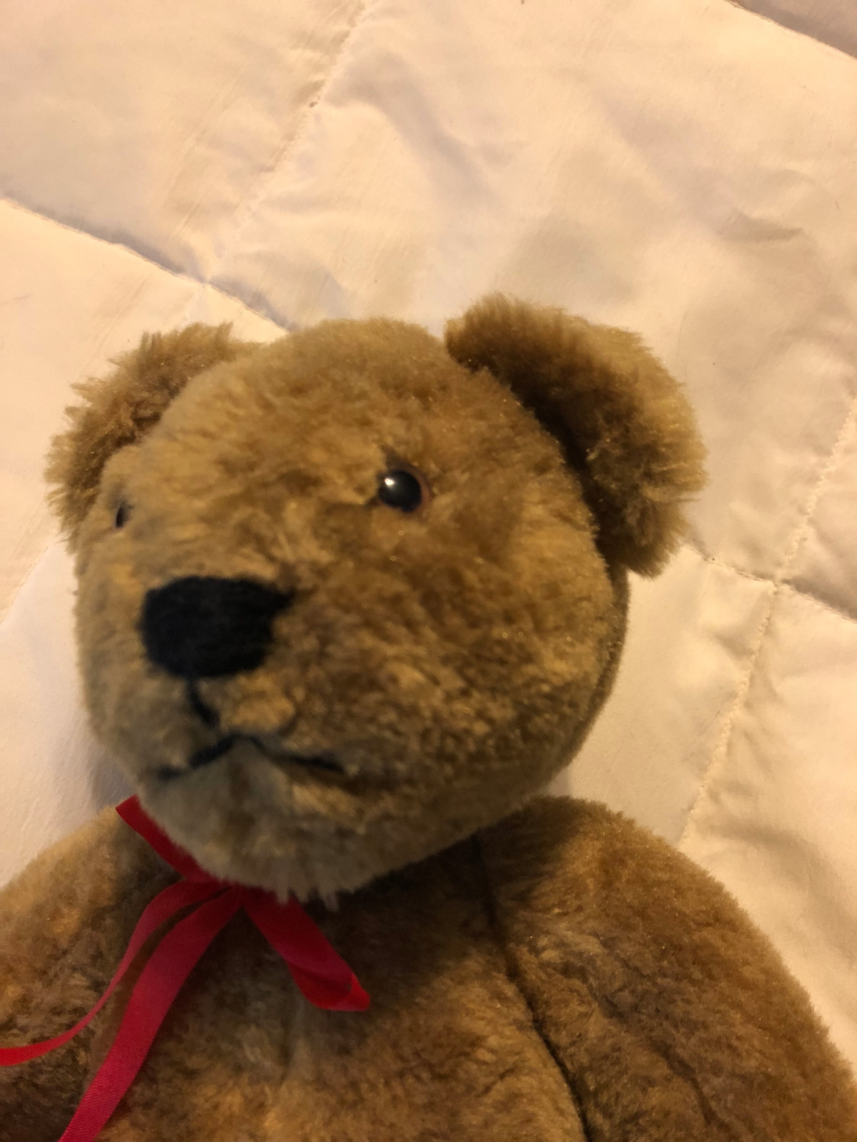 VINTAGE BROWN LARGE TEDDY BEAR WITH RED RIBBON POSEABLE DOLL TOY