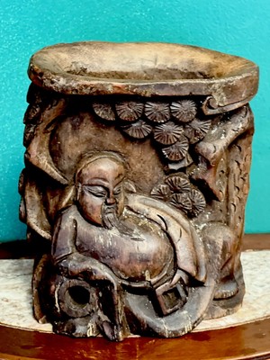 6 1/2'' Chinese Antique Qing Bamboo Root Carving Pine Old Man Brush Pencil Holder