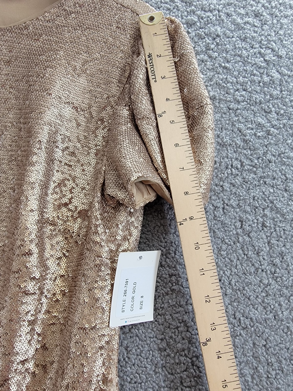 RENE Rene Ruiz Puff Sleeve Sequin Cocktail Dress Women's 8 Gold Back Zip Closure - Picture 5 of 17