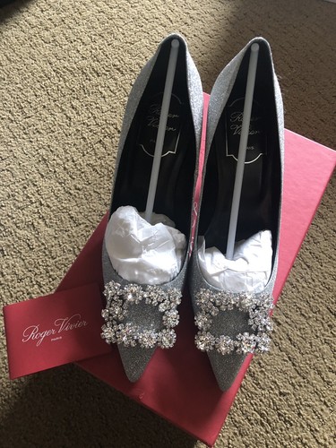 New-Roger Vivier Flower Strass Pumps 65mm, Silver, Size 8B
