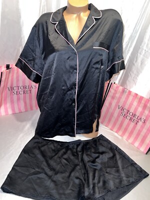 Victoria's Secret Satin Pajama Set Logo Print Black  XL