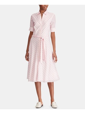 

Женское розовое платье-рубашка миди RALPH LAUREN с поясом и манжетами и воротником Petites, Розовый