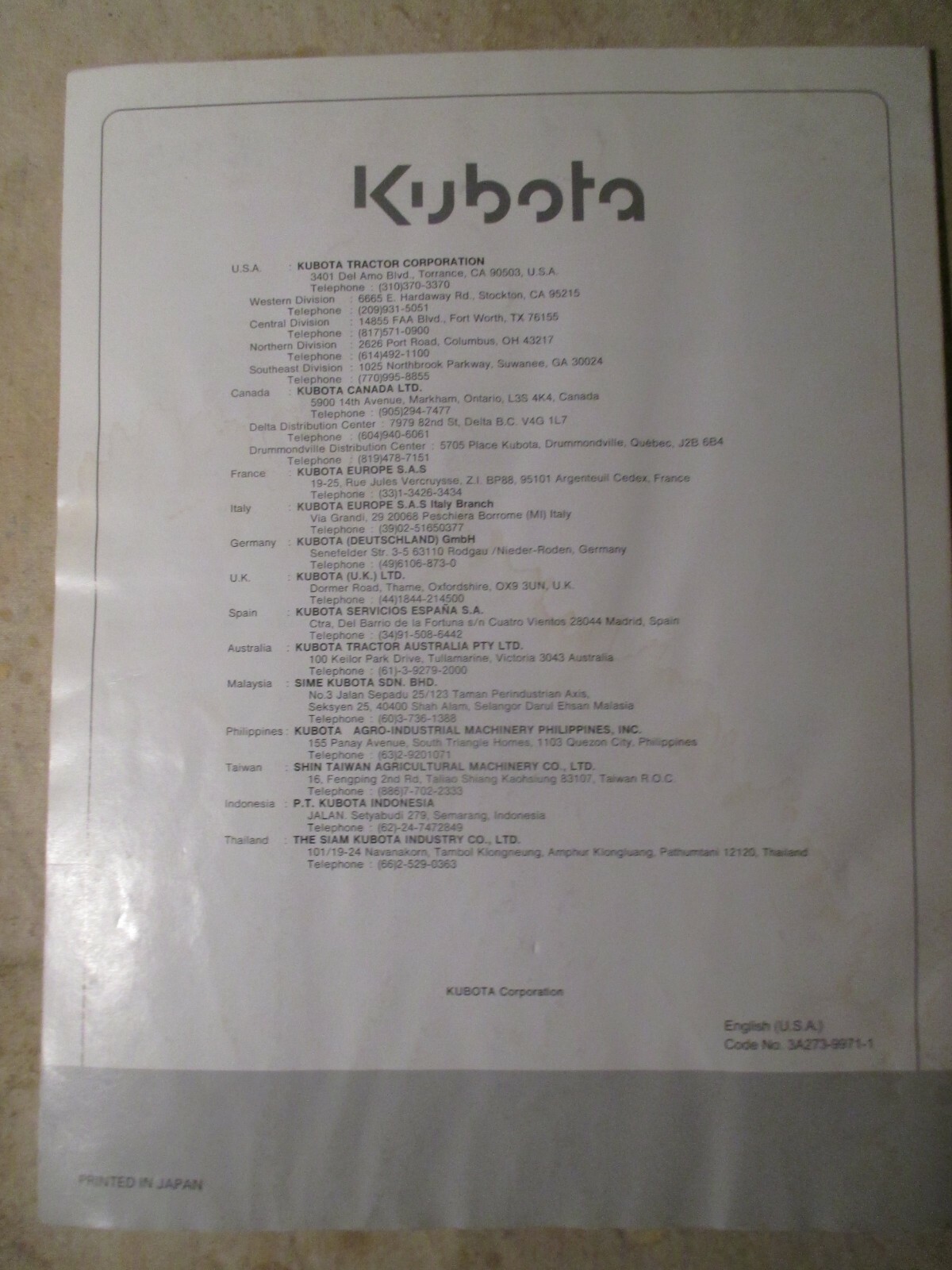 Kubota M4800SU M4800SUD Operators Manual 3A273-99711