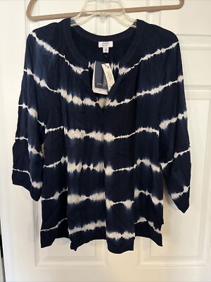 Crown & Ivy Icon peasant top size M Navy tie dye casual Boho 3/4 sleeve New