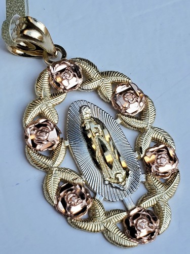 Pre-owned Rosegold 14k Yellow Rose Gold Virgin Mary Holy Mother Oval Pendant Charm 1.35" Lng