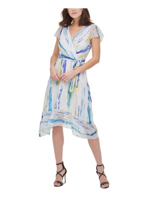 

Женское синее платье миди с рукавами-крылышками DKNY для работы, подходит для работы + расклешенное платье, Синий