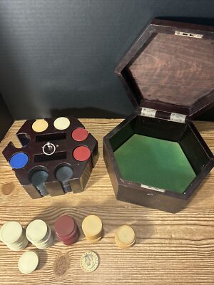 Vintage '40s 296 Poker Chip Set in Box w/ Caddy Clay Chips in Wood Box
