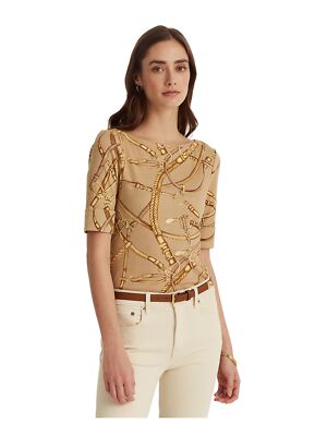 

LAUREN RALPH LAUREN Женский коричневый топ с манжетами и вырезом «лодочка» с принтом