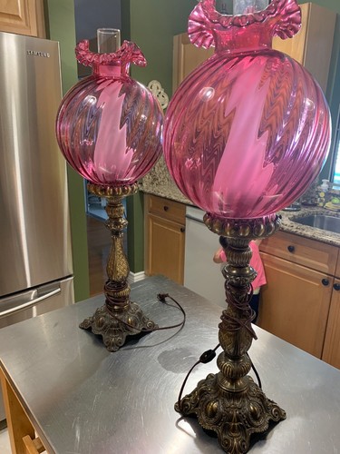 Pair Of Fenton Rose Pink Cranberry Color Lamp Brass Antique 33 Inch